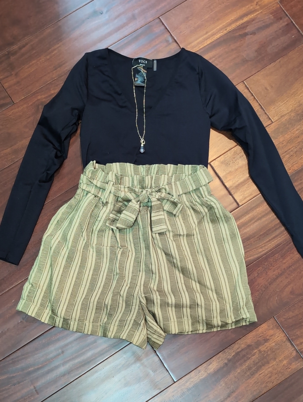 Bundle Green Stripped Vici Shorts And Bodysuit